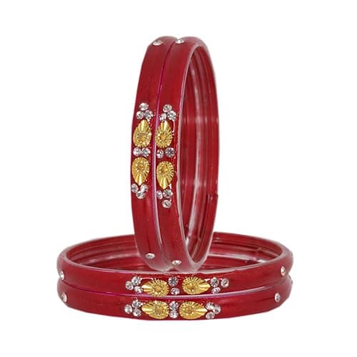 NMII Glass with Zircon Gemstone and Beads Studded Glossy Finished Kada For Women and Girls, Pack of 4, (Red_2.8 Inches) 5