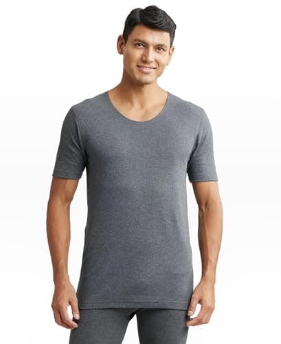 Jockey 2400 Men's Super Combed Cotton Rich Half Sleeved Thermal Undershirt with Stay Warm Technology_Charcoal Melange_M