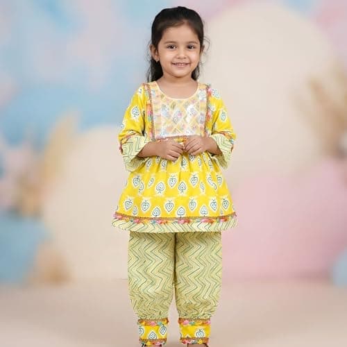 DAWINAR Girls Yellow Printed Peplum Kurta & Patiyala Set | Ethnic Co-Ord Outfit for Kids 2