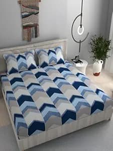DECOMIZER Cotton Feel All Around Elastic Fitted Glace Printed Queen Size Double Bed Bedsheet with 2 Large Pillow Covers Fits Upto Mattress of 8 Inches,Size - 60 x 78 x 10 Inches,Blue UP Arrow