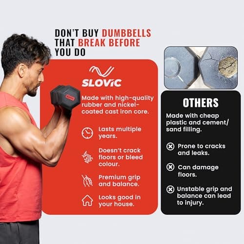 Slovic Dumbbell Set 10 KG (5 KG x 2) | Hexa Dumbbells Set for Home Workout | 5 KG Dumbbells Pair for Exercise | Gym Equipment for Home Workout | Anti Skid Rubber Dumbbell Black 4