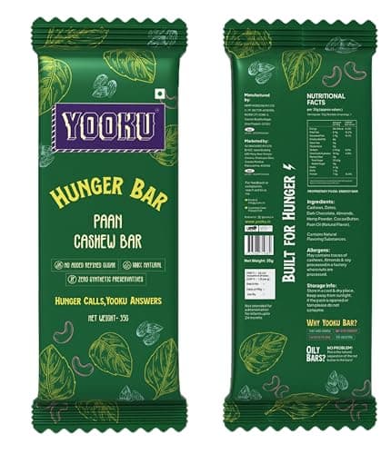 Yooku Hunger Bar – Paan Cashew Protein & Energy Bar | Indian Fusion Snack | No Added Refined Sugar | Zero Preservatives | Pack of 10 (35g Each)