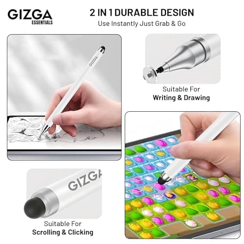 Gizga essentials 2 in 1 Universal Stylus Pen for All Touchscreen Devices| Fine Point Disc Tip & Soft Rubber Tip Touch Pen for iPad/Pro/Air/mini, iPhone, iOS/Android, Tablets, Smartphones (White) 2
