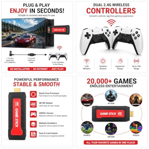 SMARTCAM® Gamestick GD30 Video Game Built-in 35K+ 2D 3D Classic Retro Games Wireless Controller HDMI Output, Multicolor 4