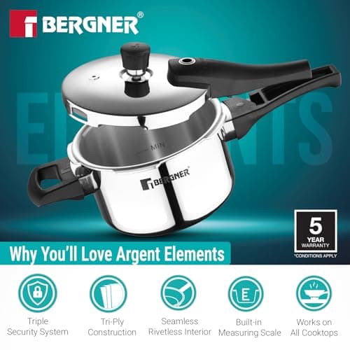 Bergner Argent Elements Triply Stainless Steel 2.5 L Outer Lid Pressure Cooker, Healthy Cooking, Even Heat Distribution, Sturdy Handle, Easy Lock System, Safety Gasket - Induction and Gas Stove Ready 3