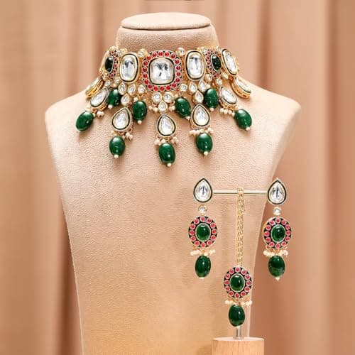 Rubans 24K Gold-Plated Kundan & Green Beaded Choker Necklace Set with Red Stone Accents 3