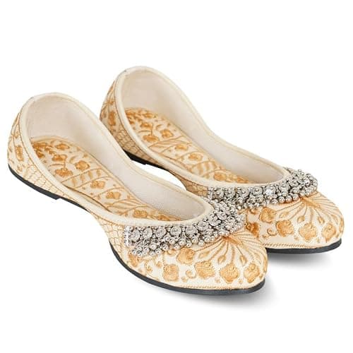 DFR Women Ethnic Rajasthani Embroidery with Payal Punjabi Mojari's Shoe Juti Jutti’s, Color - DarkCream1, UK Size - 8 2