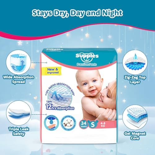 Amazon Brand - Supples Premium Diapers, Small (S), 34 Count, 4-8 Kg, 12 hrs Absorption Baby Diaper Pants 3