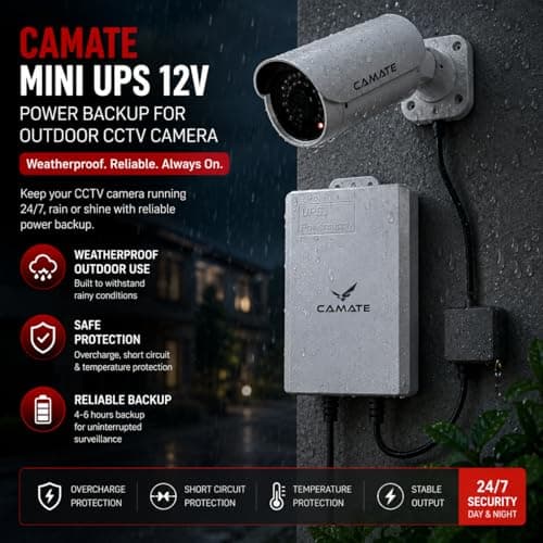 Camate Mini UPS 12V Power Backup for WiFi Router & CCTV Camera | 3600mAh Battery, 4-6 Hr Backup | Weatherproof Outdoor Use | 12V 2A Output | Plug & Play | Safety Protection 4