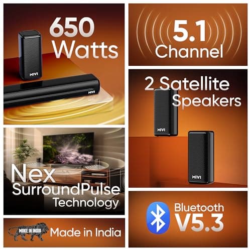 Mivi Nex 650 Soundbar [New Launch], 650 Watts, 5.1 Channel System with Sound bar, Satellite Speakers and Subwoofer, Nex Surround Feel Technology, Multiple Input Modes, Made in India 2