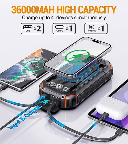 Solar Power Bank 36000 mAh Solar Charger with 3 Cables USB C Input 15 W Quick Charge Wireless Power Bank Portable Outdoor External Mobile Phone Batteries with Solar Cell & Torch for iPhone Samsung 2