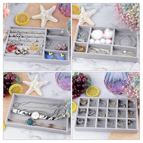 XERMI 4 Jewellery Trays Velvet Jewellery Organiser Drawer Removable Jewellery Storage Stackable Drawer Insert for Women Girls Ring Display Organiser Jewellery Box Jewellery Box (Grey) 5