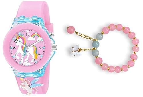 Acnos Analog Kids Multicolour Pink 2 Pieces Unicorn Premium Rubber Watch Gift Set for Watch Bracelet Gift for Daughter Gift for Birthday Luxury Gifting for Her Water Resistant