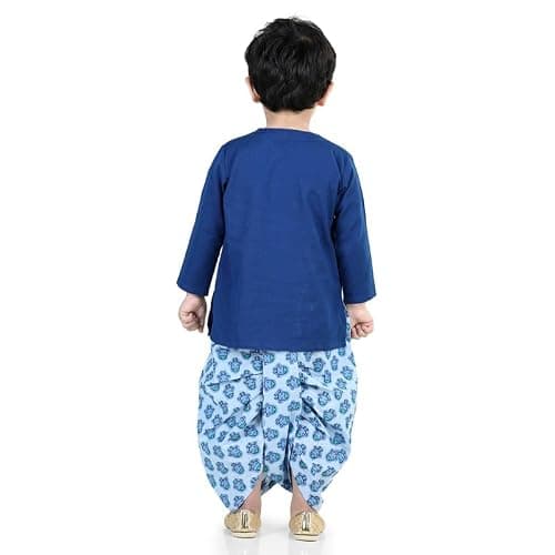 BownBee Kids Ethnic Wear Sibling Set of Cotton Full Sleeve Embroidered & Printed Dhoti Kurta & Halfsleeve Top & Dhoti Set for Baby Boys & Girls (Blue, Boys 3-6M, Girls 4-5Y) 5