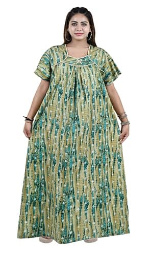 Bejod's Collection Women Cotton Nighty Maxi Nightdress – Printed Floral Full-Length Nightgown, Plus Size Loose Fit Sleepwear XL-3XL Summer Nightwear for Women (Green, XXL)