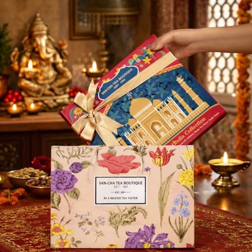 SAN-CHA Tea Boutique, Traditions of India Collection, Luxury Tea Gift Box, 9 Assorted Teas Hamper, 225g Loose Leaf Green & Black Teas, Wellness Gift Set 5