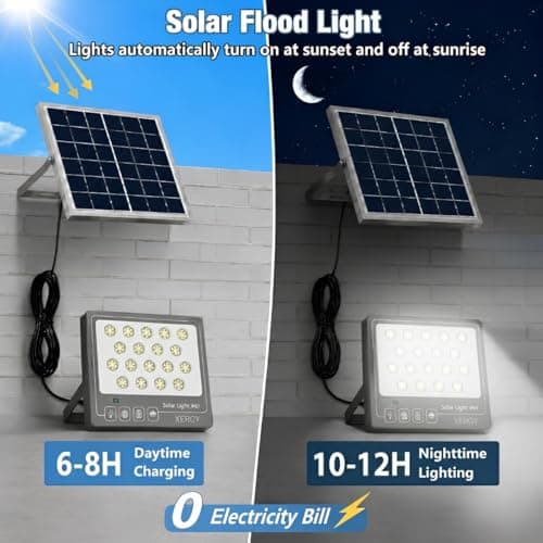 XERGY 50W Solar LED Flood Light with Remote – 108 Bright LEDs, IP67 Waterproof Build, Smart Dusk-to-Dawn Sensor, 1200mAh Battery, Ideal for Garden, Home, Wall, Porch, Shed (5m Cable Included) 2