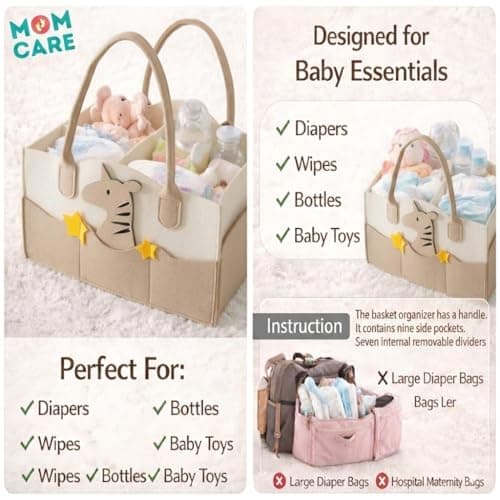 MOM CARE Baby Diaper Organizer Caddy | Nursery Storage Basket with Removable Dividers & 11 Pockets | Portable Baby Essentials Organizer for Diapers, Wipes, Bottles | Felt Diaper Storage Bag – Brown 4