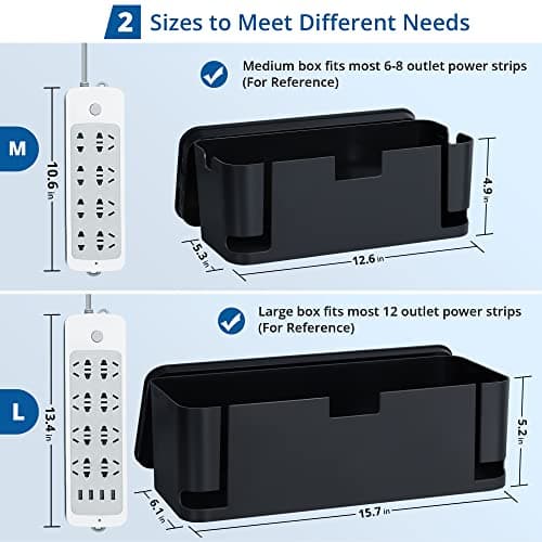 ZhiYo Cable Management Box Black, 2Pack Cord Organizer Box - Extra Large and Medium Size, Cord Hider Box to Conceal Power Strips on Desk or Floor, Made from Electrically Safe ABS Material 2