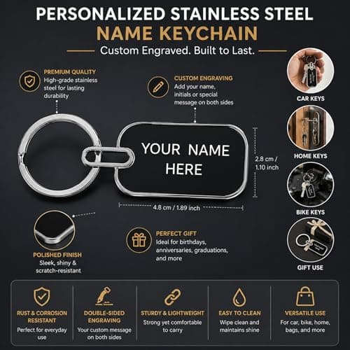 Personalized Stainless Steel Name Keychain with Double-Sided Engraving | Custom Engraved Keyring for Men & Women | Durable Metal Name Tag for Car, Bike, Home & Gift Use (Black Keychain) 2