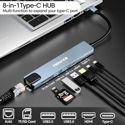 Sounce 8-in-1 USB-C Hub Dock | Premium Aluminum Type-C Adapter with 4K HDMI, 100Mbps Ethernet, USB 3.0, 100W PD Charging, TF/SD Card Reader | Universal for Mac & Windows USB-C Devices 2