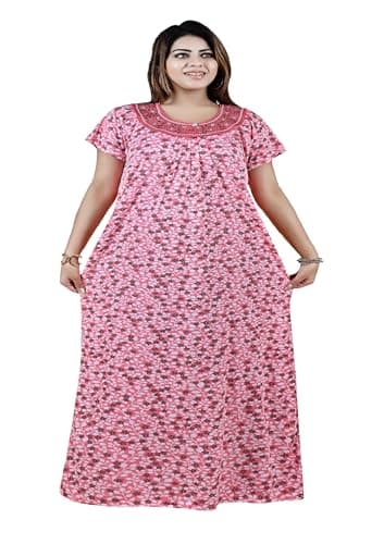 Bejod's Collection Pink Hosiery Nighty Maxi Gown for Women Front Button Open Style | Neckline Embroidery Soft Fabric Full Length Nighty | Plus Size Loose Fit Summer Nightwear L–XXL (Pink, L)