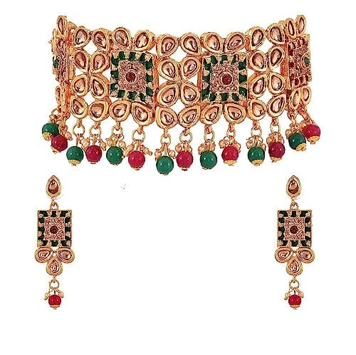 Handicraft Kottage Antique Gold Plated Choker Necklace With Earrings Kundan Jewellery Set for Women & Girls Occasions
