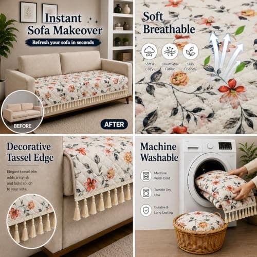 Homefab India Quilted Velvet Sofa Cover with Decorative Tassels for 1 Seater | Instant Sofa Makeover & Protector | Soft & Washable | Sofa Runner for Every Day Use - 23x30 Inch, Floral White 3