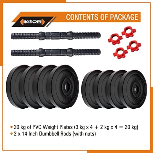 Kore 20 KG PVC-DM COMBO16 (3Kg X 4 Plates + 2Kg X 4 Plates) Home Gym Dumbbells Kit, Black 3