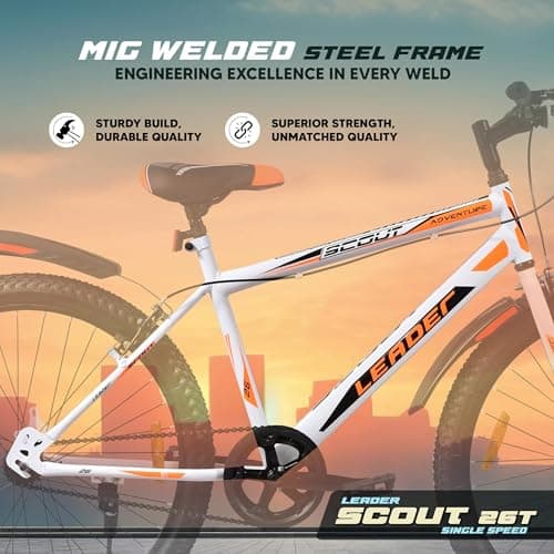 Leader Scout MTB 26T Mountain Bicycle/Bike Without Gear Single Speed for Men - White, Ideal for 10 + Years, Frame Size: 18 Inches, Rigid 3
