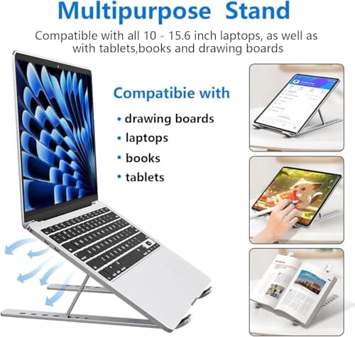 Tukzer Foldable Laptop Stand Riser for Laptop, MacBook, Notebook & Tablets up to 17 Inch, 7 Level Height Angle Adjustment, 2X Stronger M-Shape Aluminum Silicone Pads Air Ventilation (Silver) 5