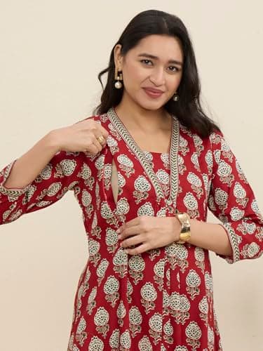 MomToBe Maternity Kurta Set for Women | Cotton Pregnancy & Feeding Friendly Kurti Set | Comfortable Indian Ethnic Wear (Carmine Red : Large) 4