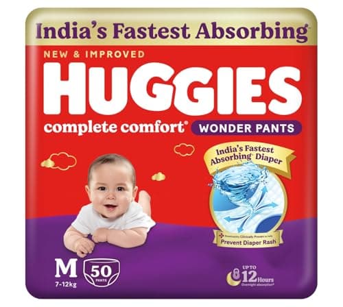 Huggies Complete Comfort Wonder Pants | Pant Style Baby Diapers Medium Size (M), 50 Count | India's Fastest Absorbing Diaper, Prevents Diaper Rash, Ideal for 7 to 12 Kgs