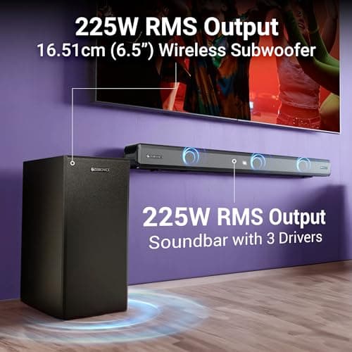ZEBRONICS Juke BAR 9510WS PRO Dolby 5.1 Soundbar, Dolby Audio, 600 Watts, Wireless (Dual Rear Satellites & 6.5" Subwoofer), Triple Driver Soundbar, Bluetooth v5.1 | HDMI (ARC) | Optical | USB | AUX 4