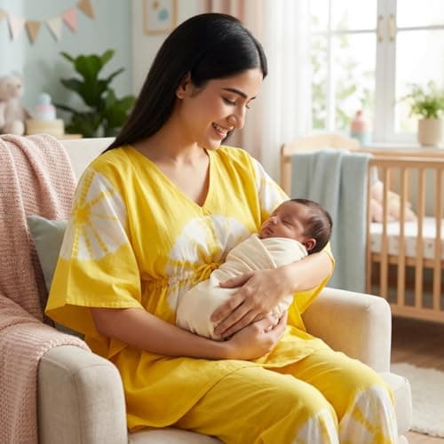 Aaheli Women’s Yellow Tie-Dye Maternity Kaftan Feeding Night Suit Set | 100% Cotton | V-Neck Top with Front Zip for Nursing | Adjustable Waist | Soft & Breathable Loungewear Set with Pant | Yellow 2