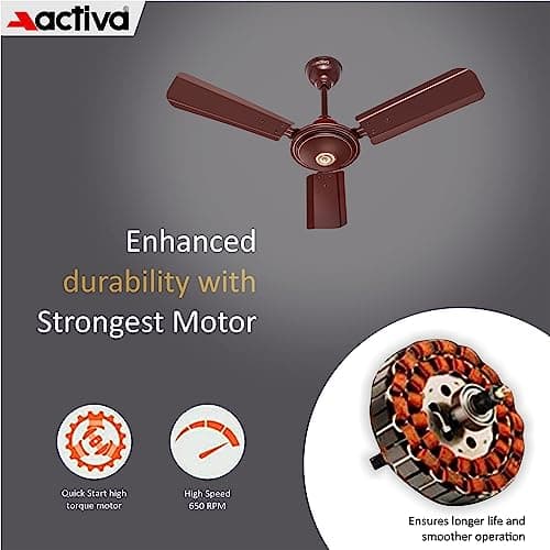 ACTIVA Apsara 900mm Ceiling Fan, 650 RPM High Speed Air Delivery, 3 Wide Tipped Blades, Anti Dust Coating, 60 Watt Motor, 2 Years Warranty (Brown) 3