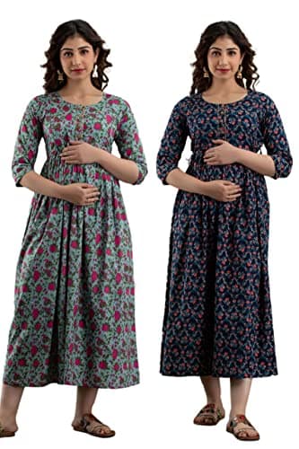 HRK VEMON Women's Pure Cotton Printed Maternity Gown Feeding Nighty A-line Feeding Dress Kurti Gown for Women Pack of 2 (XXX-Large, Multi-50)