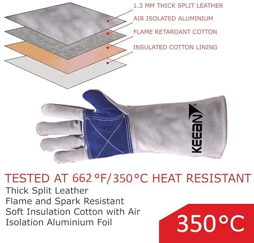 KEEAN MIG/ARC/TIG Welding 16 Inch Gloves with Extra Padded Palm Leather High Temperature Hot Thermal Work Safety Heavy Duty Heat&Fire Resistant at 350°C Leather Cut Proof Gaunlets. 5