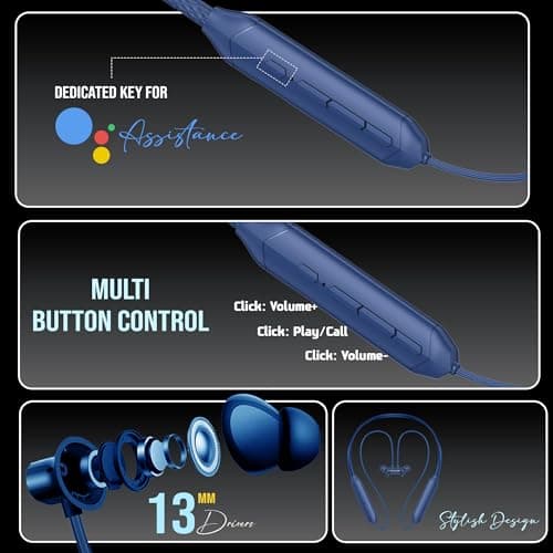 Kratos Blue Bluetooth Neckband with 55H Playtime, Deep Bass, Stereo Sound, HD Calls, Magnetic Earbuds, Voice Assistant, Type-C Fast Charging, Rich Audio, Hollow Switch for Comfort & Style 4
