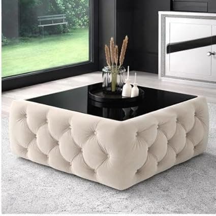 Premium Tufted Upholstered Coffee Table with Black Mica Top – Modern Square Ottoman Center Table, Soft Velvet Finish, Luxury Living Room Furniture (30 x 30 x 18 Inch, Beige)