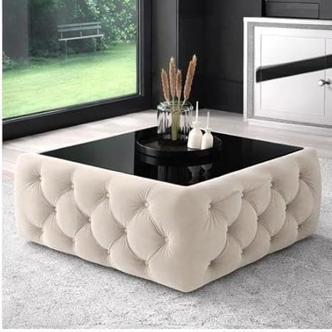 Premium Tufted Upholstered Coffee Table with Black Mica Top – Modern Square Ottoman Center Table, Soft Velvet Finish, Luxury Living Room Furniture (30 x 30 x 18 Inch, Beige)