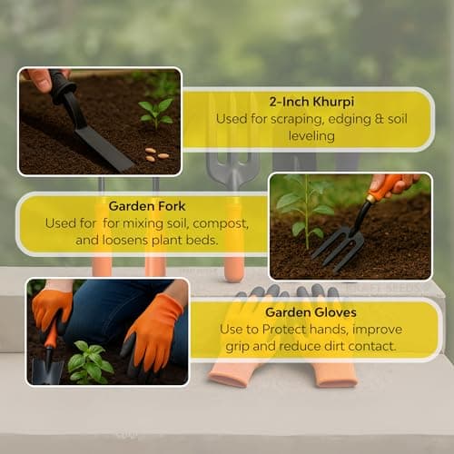 Kraft Seeds by 10CLUB Essential Gardening Hand Tools - 6 pieces | Gardening Tool Set Combo | Durable Home Garden Tool Kit for Soil | Cultivator | Fork Trowel | Weeder | Khurpi | Garden Gloves 4