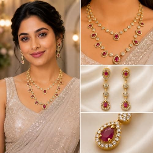 Dvina Glow Gold Plated American Diamond Necklace Set for Women | Ruby Pink Teardrop Stone CZ Necklace with Earrings | Bridal Jewellery Set for Wedding, Festive, Engagement, Traditional Indian Jewelry 3