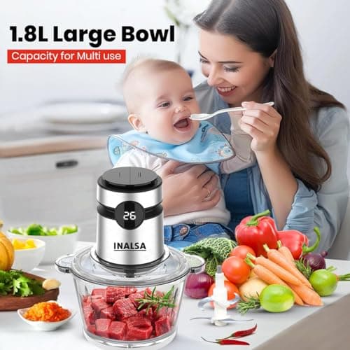 INALSA Electric Chopper For Kitchen With Digital Display|500 Watt Copper Motor|1.8 L Capacity Glass Bowl|Twin Blade Technology|2 Speed Settings|Onion,Vegetable Chopper,Meat Grinder (Bullet Inox Digi) 3