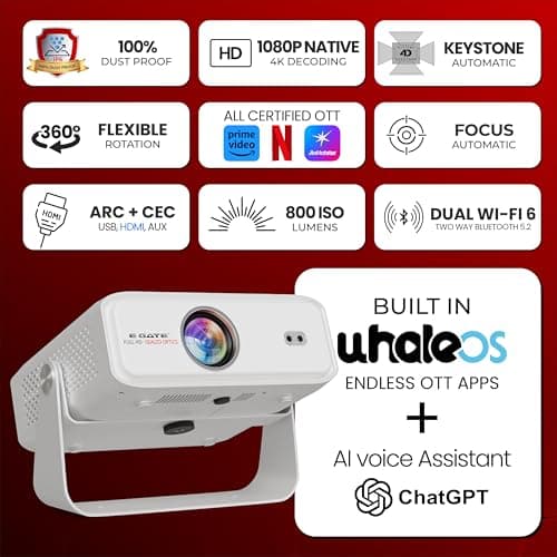 E Gate Duster 8X Projector 4k Ultra HD | Official Netflix, Prime, Sony | 100% DustFree & Certified Android Whale OS | 8X Brighter, 1080p Native, Fully Automatic, HDMI-ARC, Chat GPT Voice Remote, EGATE 4