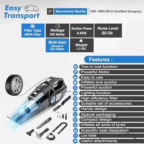 kapicon KP-CVC30 Car Vacuum Cleaner with Tyre Inflator 8000Pa Suction Power Wet & Dry Cleaning LED Light 13FT Cord Portable Handheld Vacuum for Car 3