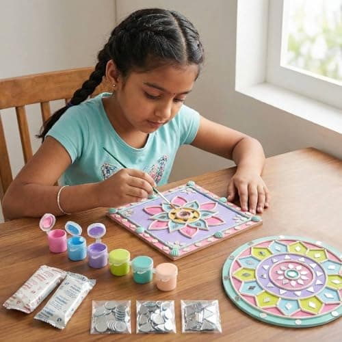 ImagiVibe DIY Mini Lippan Art Kit for Kids & Adults | 2 Pre-Marked 6 Inch MDF Boards | Indian Folk Art Painting Kit with Clay, Mirrors & Pastel Tempera Colours | Creative Art & Craft Kit for Gifting,  3