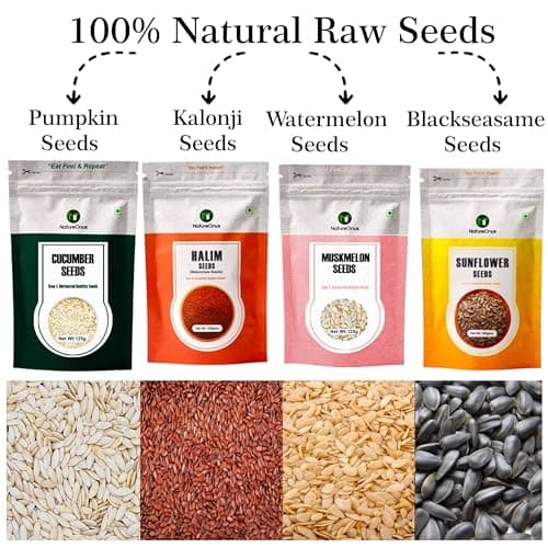 NatureOnus Pack of 12 Raw Seeds for Eating| Chia, Pumpkin, Sunflower, Flax, Watermelon, Halim, Cucumber, Muskmelon, Kalonji, White Sesame, Black Sesame & Basil Seeds |Mix Superfoods for Eating- Combo  4