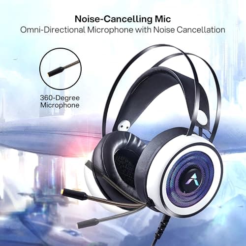 Adcom Striker USB Wired Over-Ear Gaming Headphones, RGB LED, 50mm Drivers, Omni-Directional Mic, Comfortable Design, Breathable Earcups, 3.5mm + USB, 2m Braided Cable, Noise Cancellation Mic (White) 5