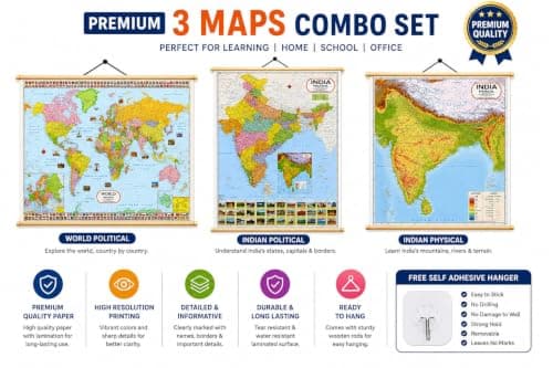 Wall Hanging Combo of 3 Map| Political Map Of India| Political Map Of World| Physical Map Of India| With Self Adhesive Wall Hangers 2